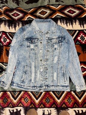 Light Wash Distressed Denim Jacket - Blue